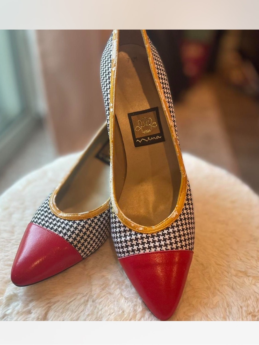 Nina Houndstooth Pointed Heels with Red Cap Toe and Gold Trim